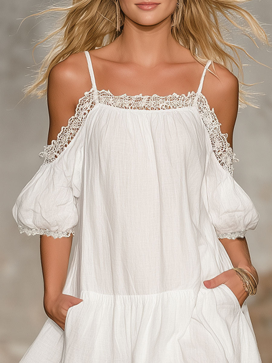 Off-the-shoulder Short-sleeved Cotton Mini Dress