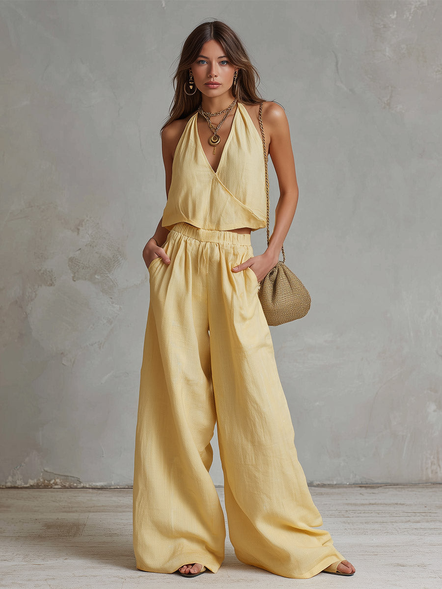 Urban-Chic Light Yellow Cotton-Linen Top And Trousers Set