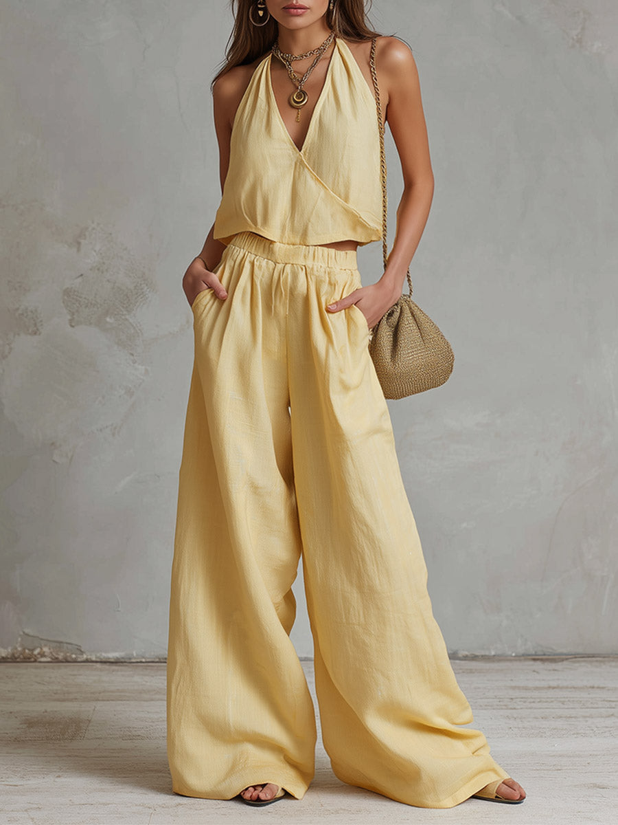 Urban-Chic Light Yellow Cotton-Linen Top And Trousers Set