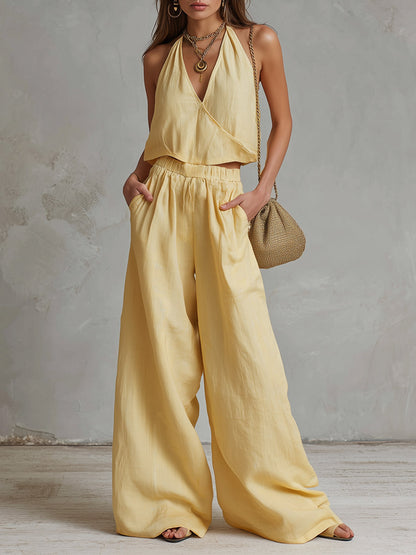 Urban-Chic Light Yellow Cotton-Linen Top And Trousers Set