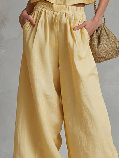 Urban-Chic Light Yellow Cotton-Linen Top And Trousers Set