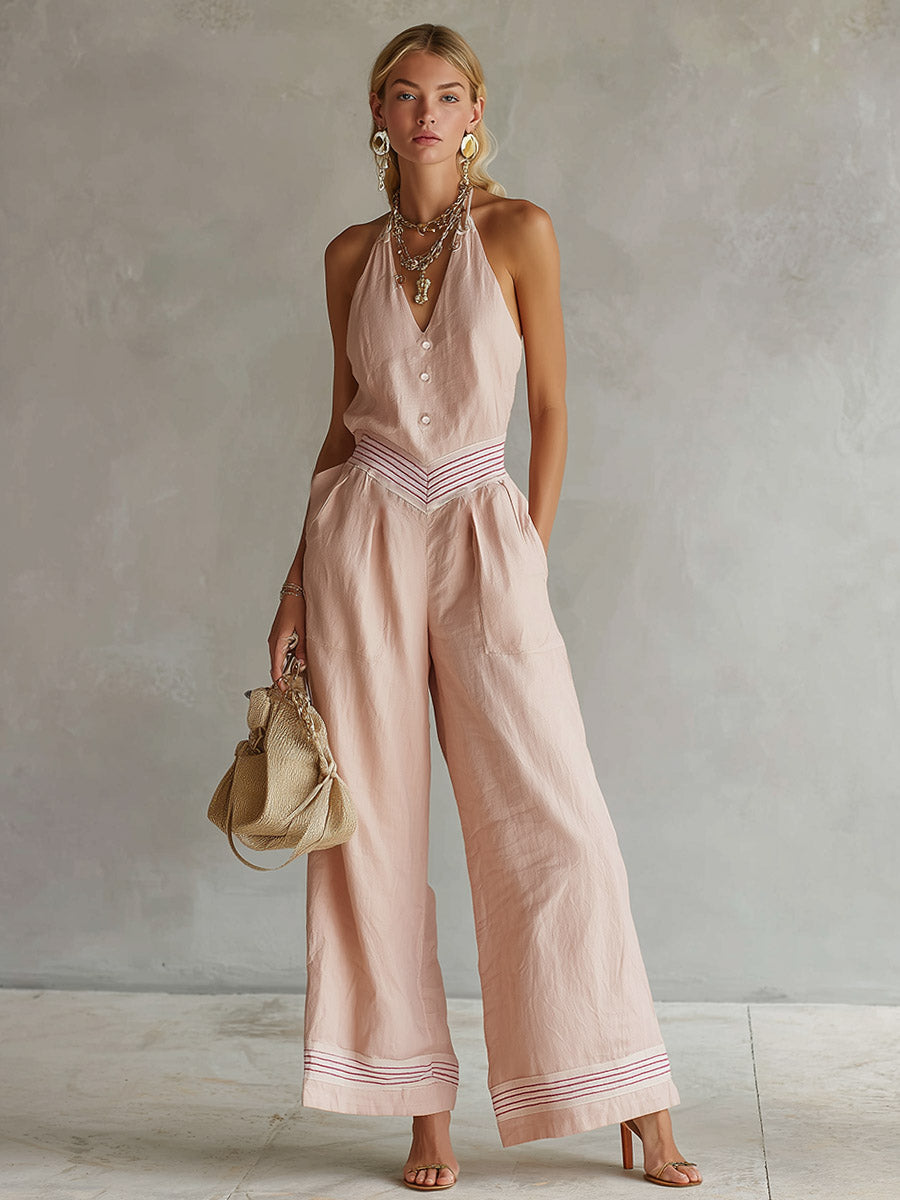Elegant Urban Striped Trim Pink Cotton-Linen Jumpsuit