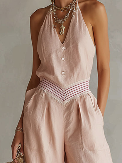 Elegant Urban Striped Trim Pink Cotton-Linen Jumpsuit