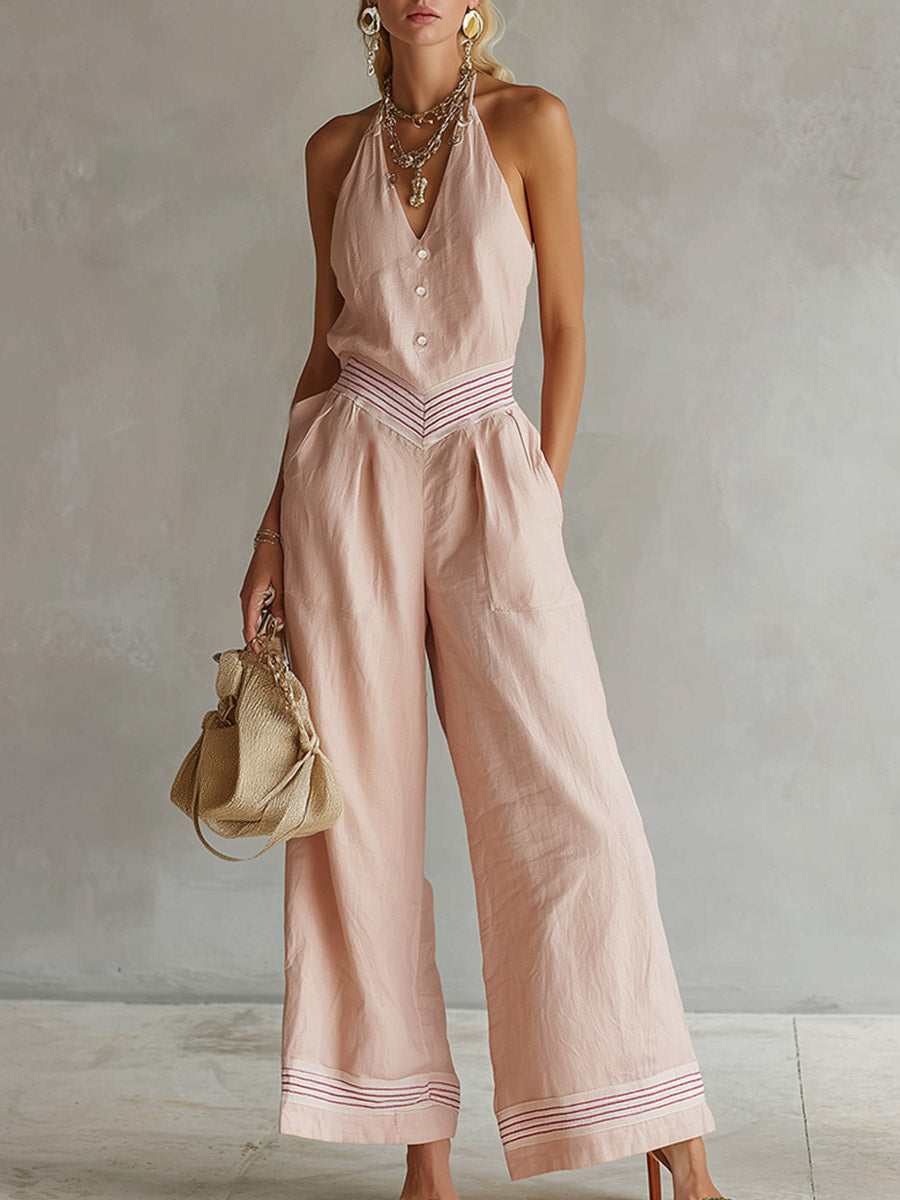 Elegant Urban Striped Trim Pink Cotton-Linen Jumpsuit