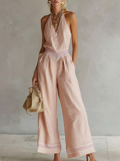 Elegant Urban Striped Trim Pink Cotton-Linen Jumpsuit