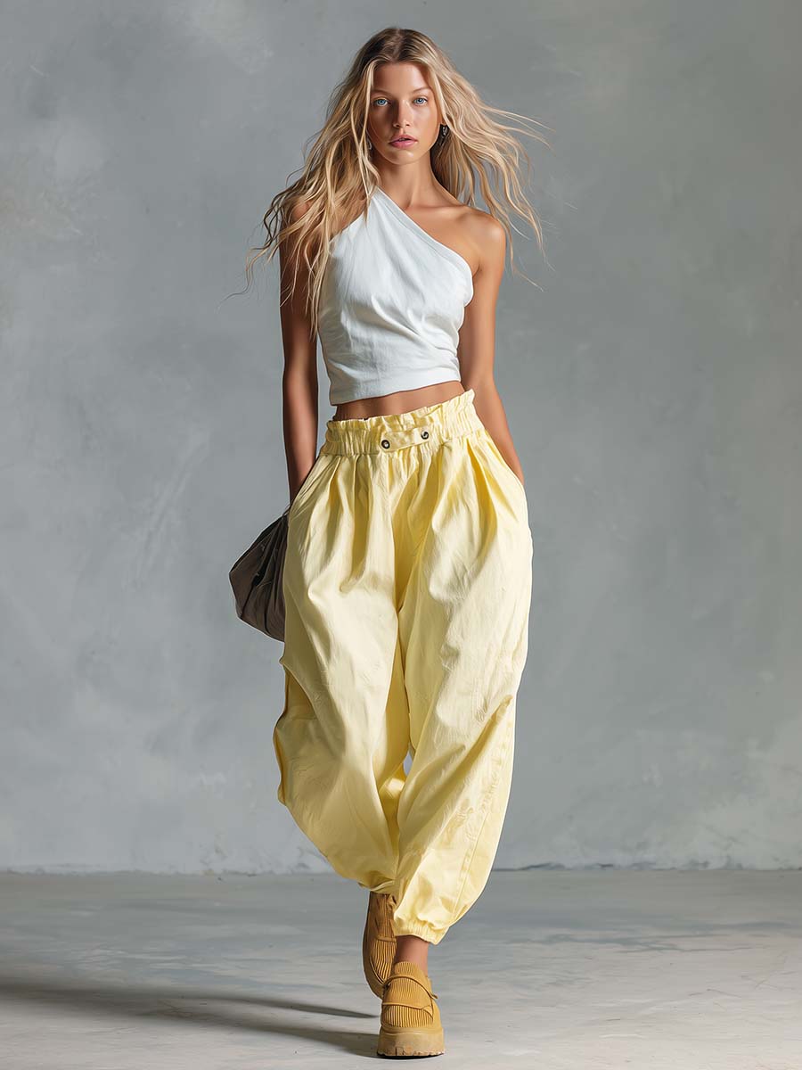 Casual Fashion White Cotton-Linen One-Shoulder Top And Light Yellow Pants Set
