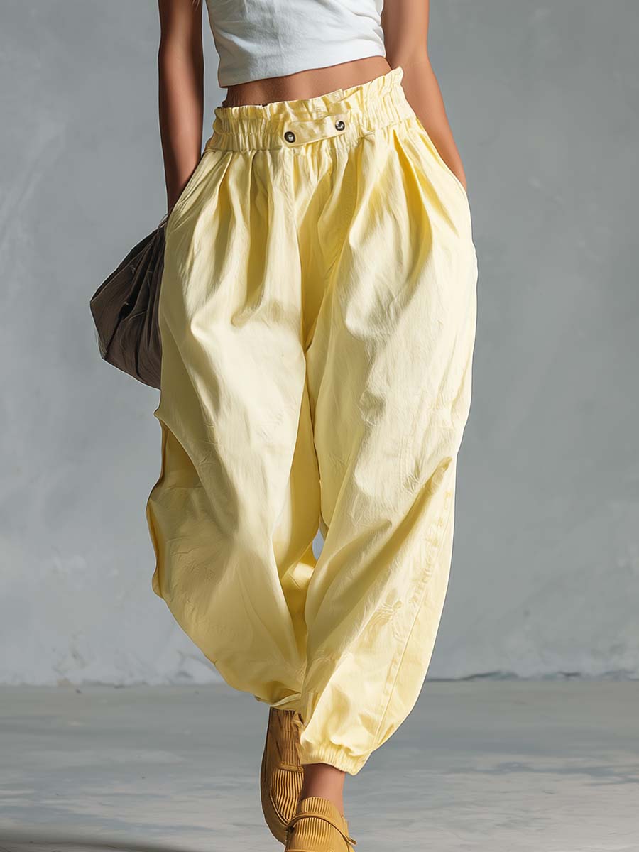Casual Fashion White Cotton-Linen One-Shoulder Top And Light Yellow Pants Set