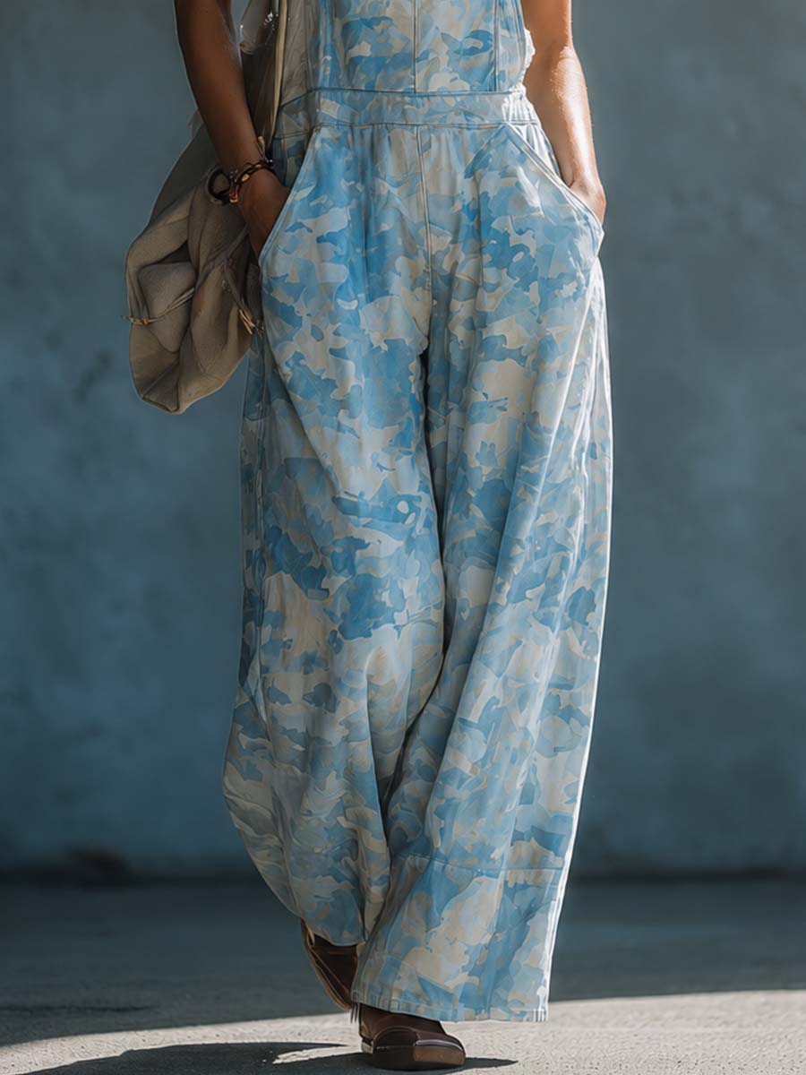 Bohemian Casual Sky-Blue Camouflage Jumpsuit Overalls