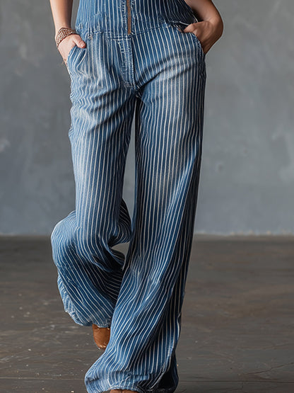 Chic Urban U-Neck Blue Striped Denim Jumpsuit