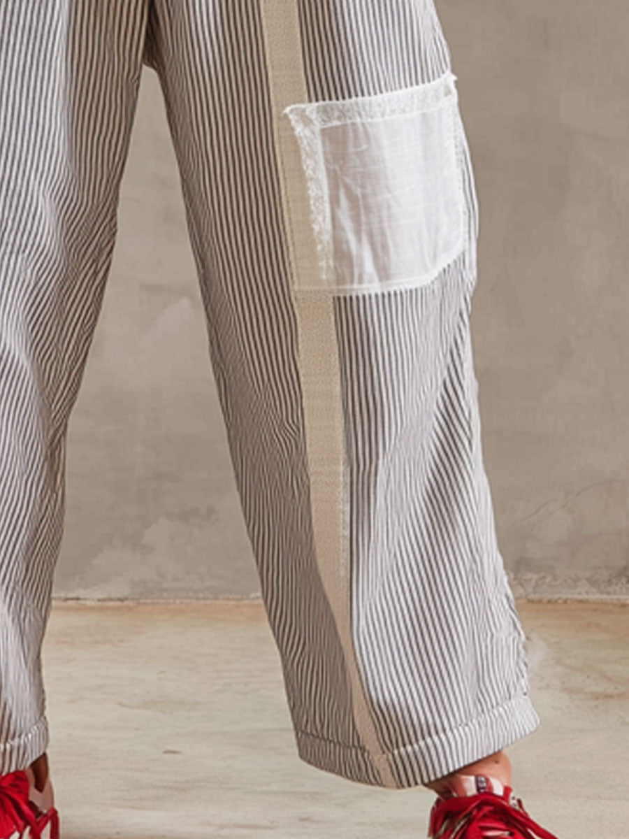 Casual Retro Black And White Striped Cotton And Linen Pants