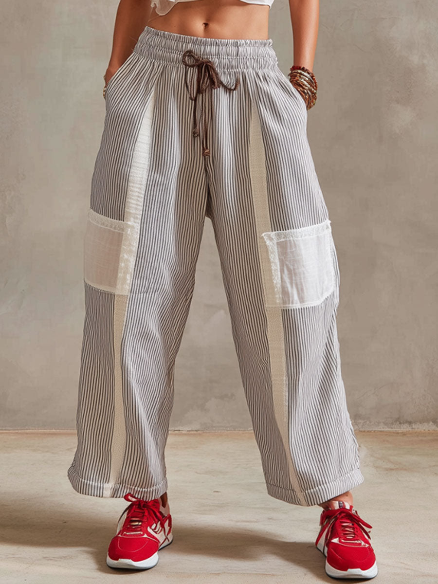 Casual Retro White Lace Cotton Linen Sleeveless Shirt And Striped Pants Set
