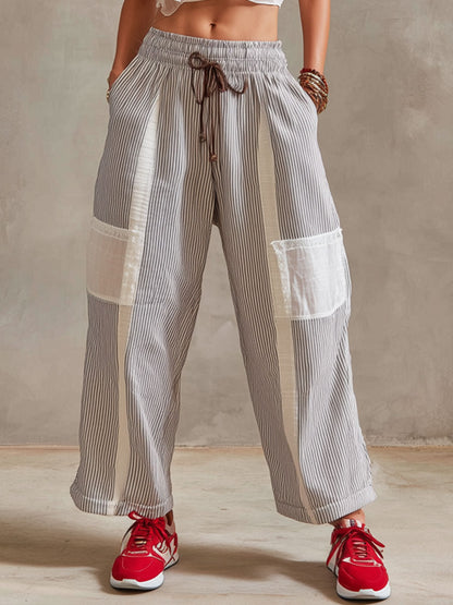 Casual Retro White Lace Cotton Linen Sleeveless Shirt And Striped Pants Set