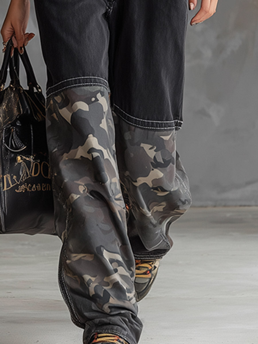 Chic Urban Military-Style Black Denim Camouflage Jumpsuit