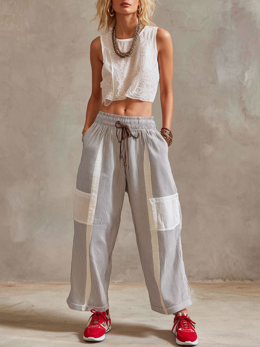 Casual Retro White Lace Cotton Linen Sleeveless Shirt And Striped Pants Set