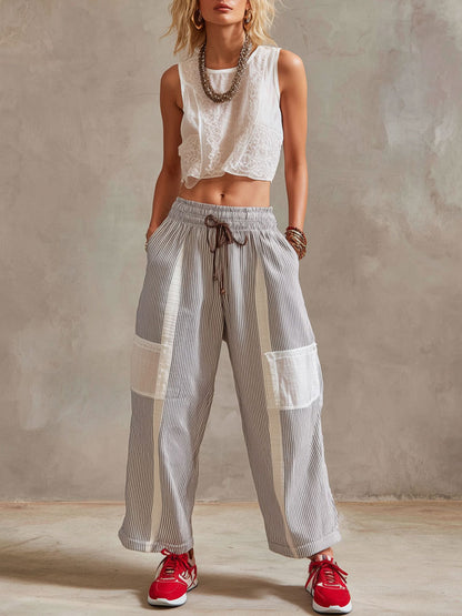 Casual Retro White Lace Cotton Linen Sleeveless Shirt And Striped Pants Set