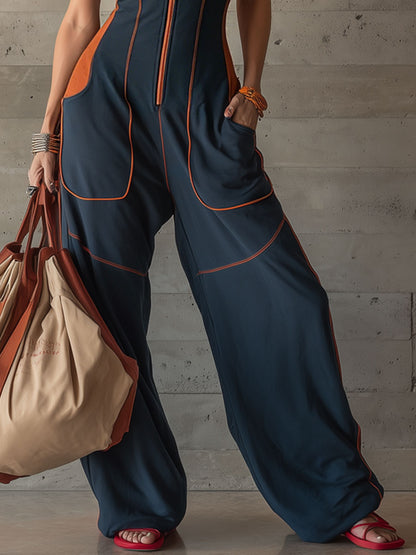 Casual Sporty Retro Orange Trim Navy Blue Pure Cotton Sleeveless Jumpsuit