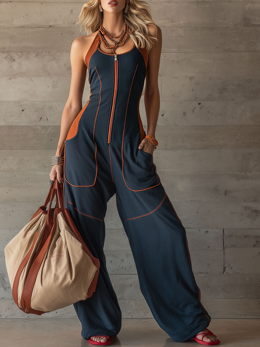 Casual Sporty Retro Orange Trim Navy Blue Pure Cotton Sleeveless Jumpsuit