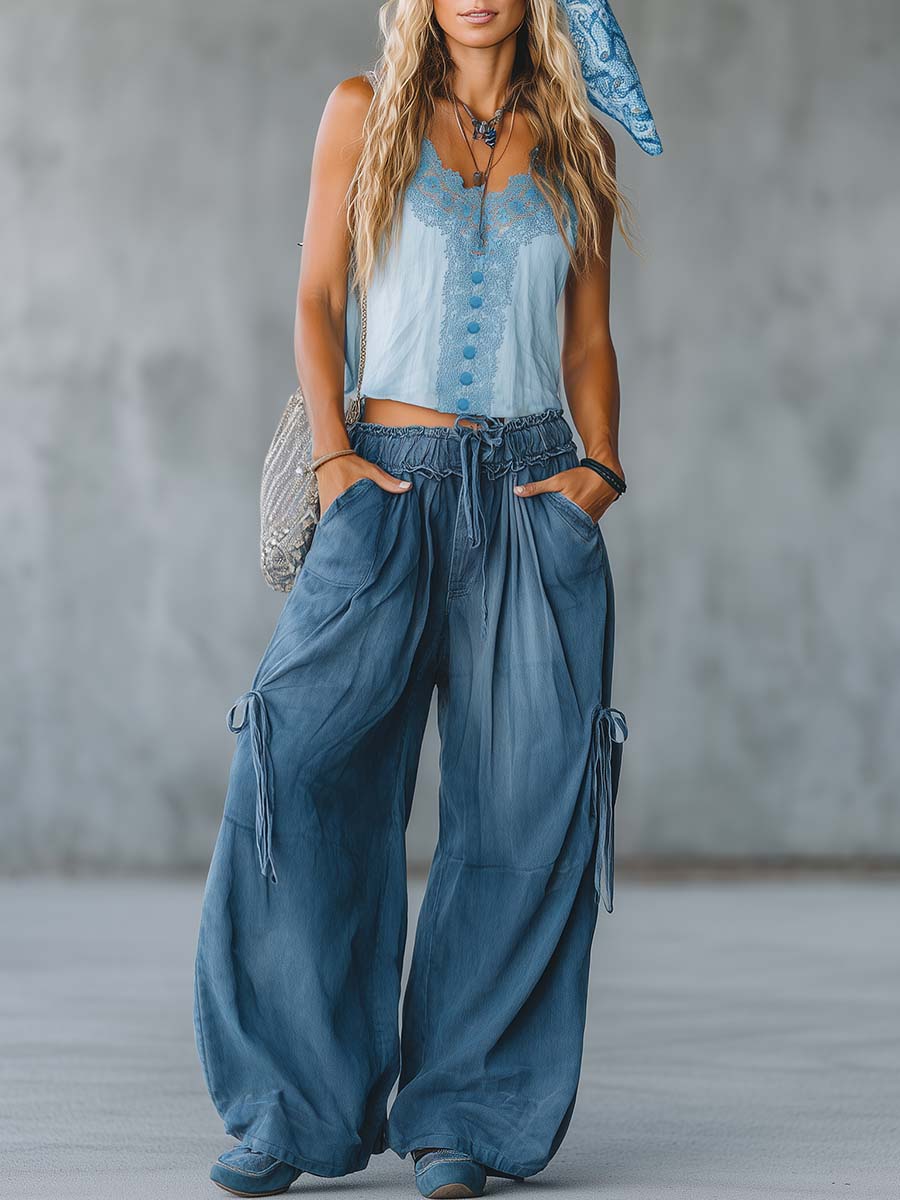 Retro-Casual Bohemian Light Blue Cotton-Linen Top And Dark Blue Denim Jeans Set