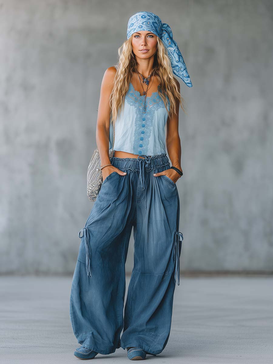 Retro-Casual Bohemian Light Blue Cotton-Linen Top And Dark Blue Denim Jeans Set