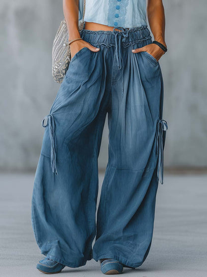 Retro-Casual Bohemian Light Blue Cotton-Linen Top And Dark Blue Denim Jeans Set