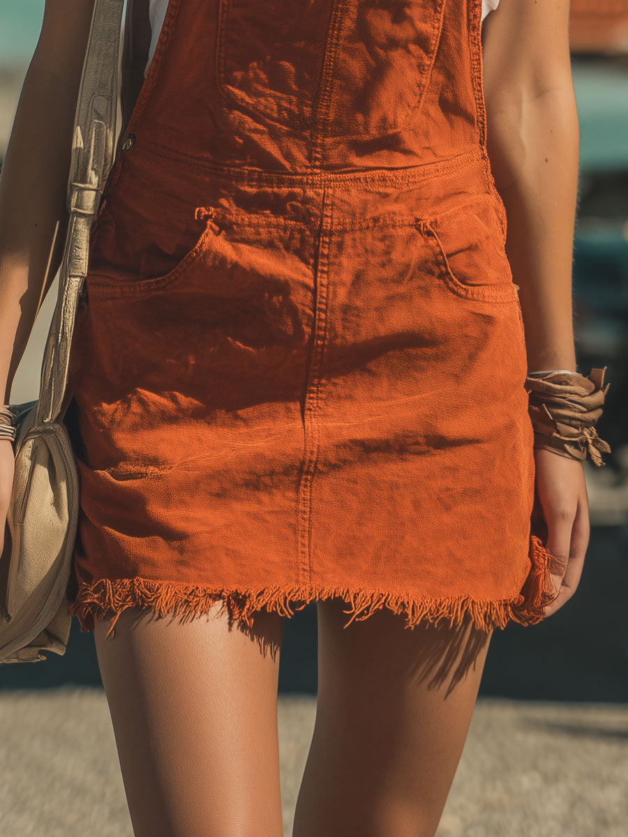 Western Retro Overalls Orange Denim Mini Dress