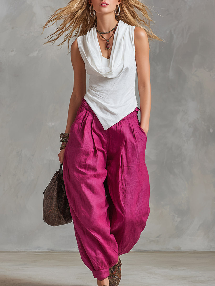 Casual Retro White Cowl-Neck Cotton Top &amp; Fuchsia Cotton-Linen Trousers Set