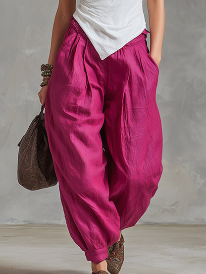 Casual Retro White Cowl-Neck Cotton Top &amp; Fuchsia Cotton-Linen Trousers Set