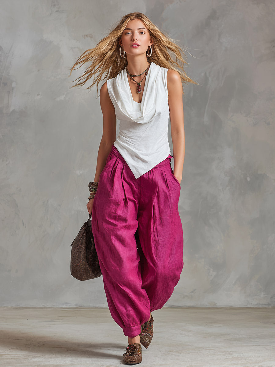 Casual Retro White Cowl-Neck Cotton Top &amp; Fuchsia Cotton-Linen Trousers Set