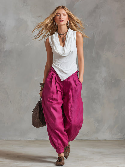 Casual Retro White Cowl-Neck Cotton Top &amp; Fuchsia Cotton-Linen Trousers Set