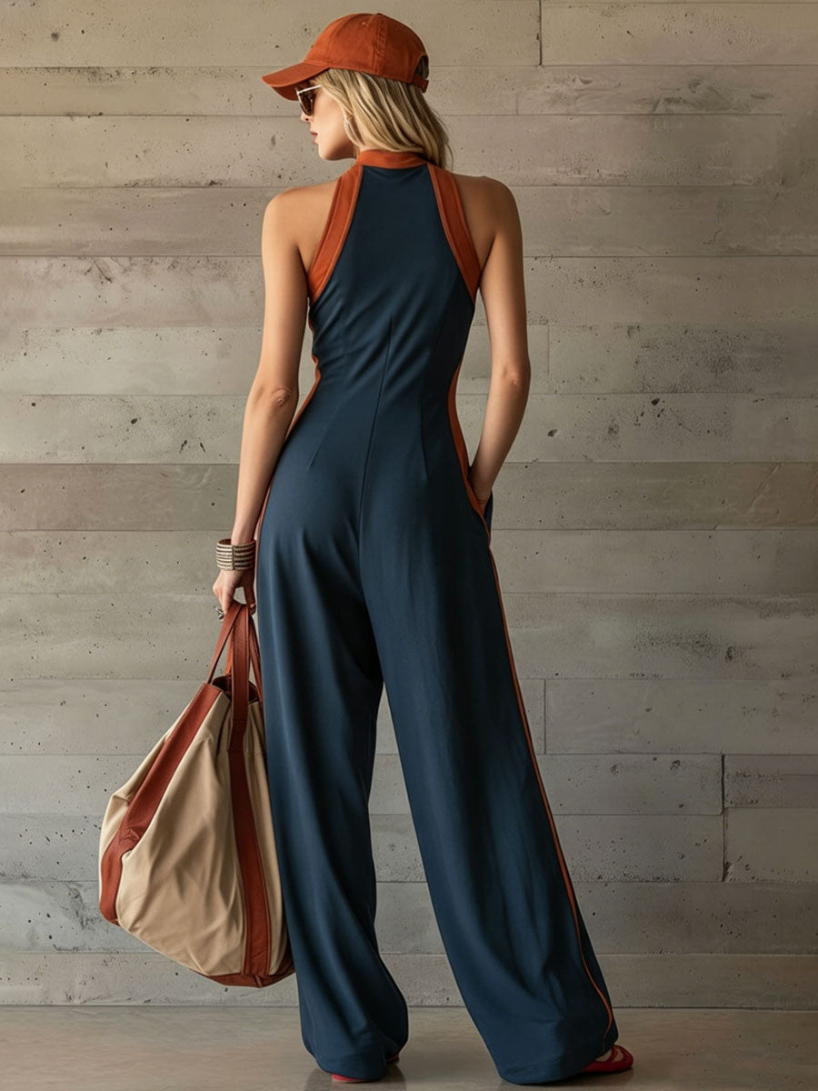 Casual Sporty Retro Orange Trim Navy Blue Pure Cotton Sleeveless Jumpsuit