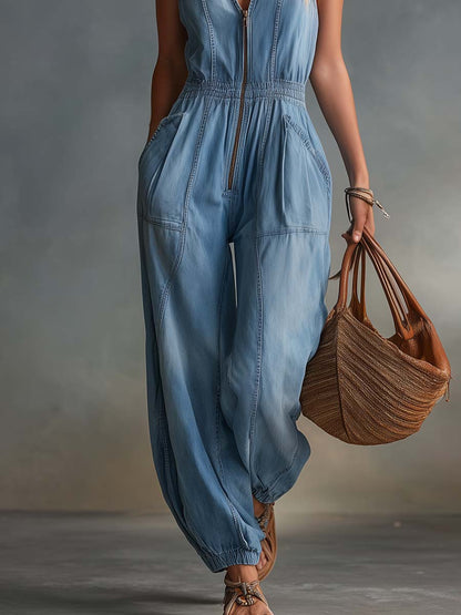 Casual Retro V-Neck Front-Zip Blue Denim Jumpsuit