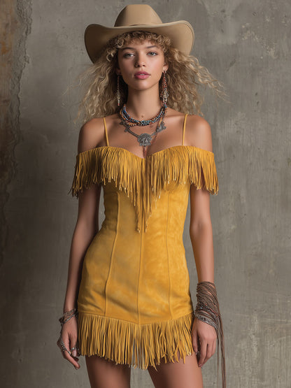 Western Retro Sleeveless Tassel Yellow Faux Suede Mini Dress