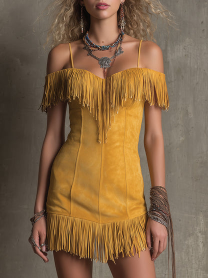 Western Retro Sleeveless Tassel Yellow Faux Suede Mini Dress