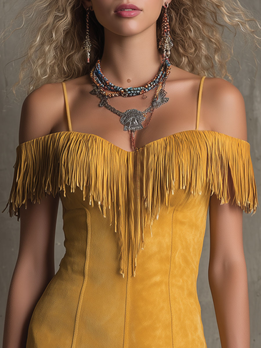 Western Retro Sleeveless Tassel Yellow Faux Suede Mini Dress