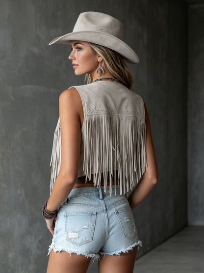 Western Retro Light Gray Faux Suede Embroidered Tassel Vest