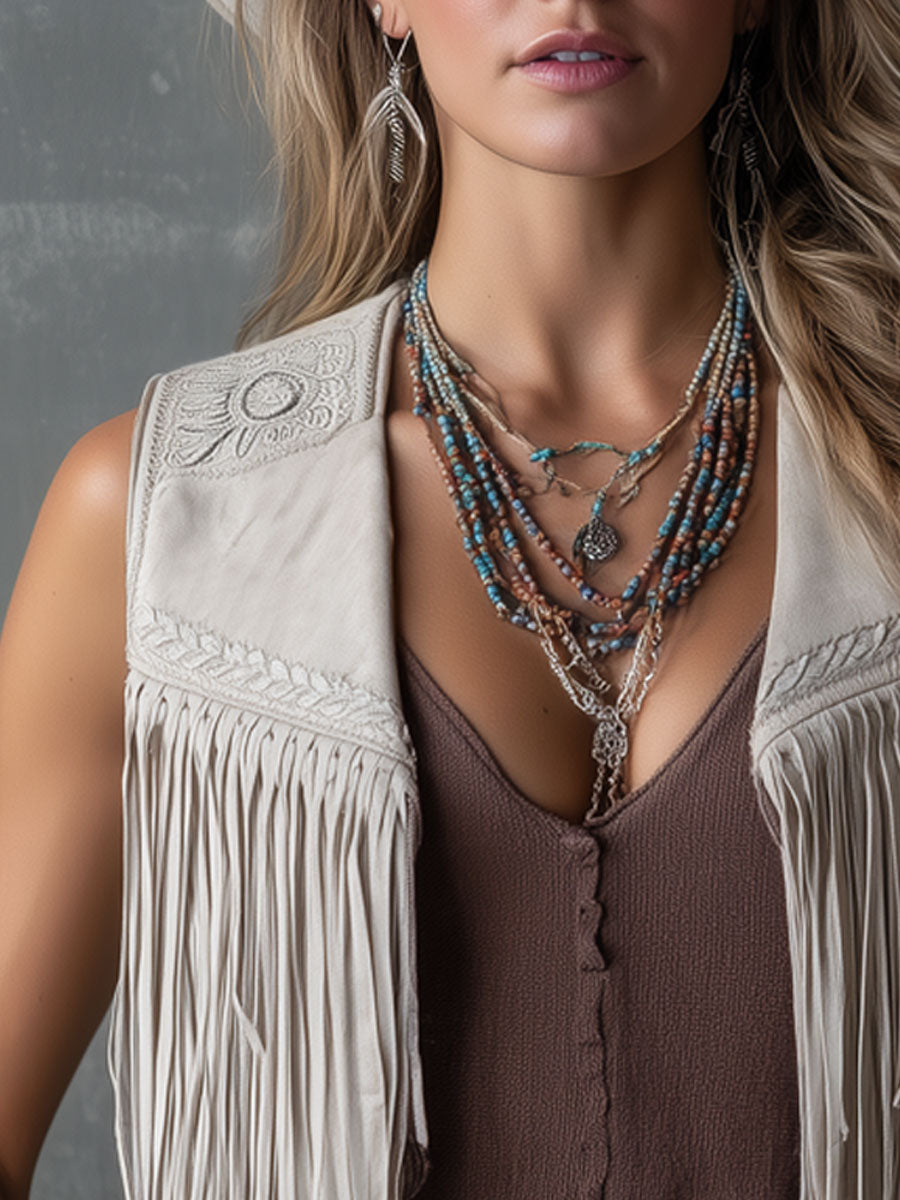 Western Retro Light Gray Faux Suede Embroidered Tassel Vest