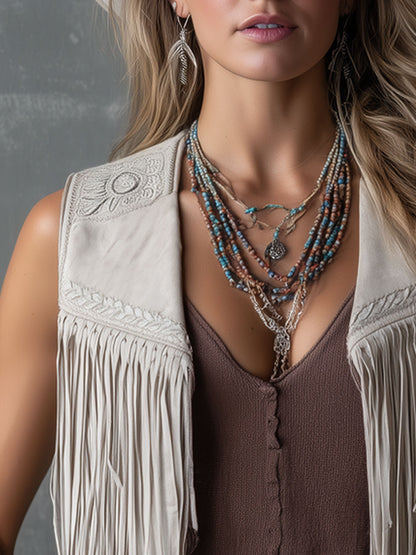Western Retro Light Gray Faux Suede Embroidered Tassel Vest