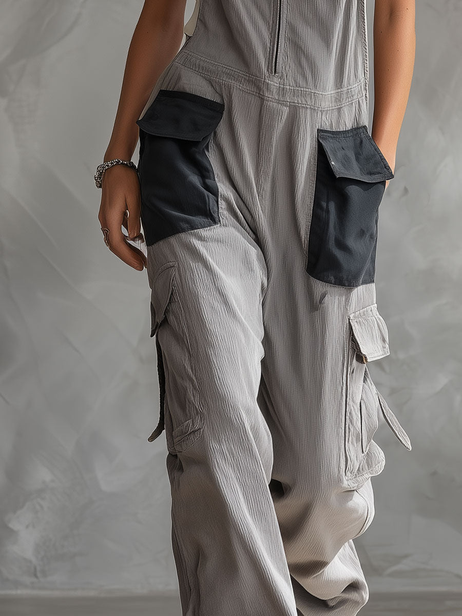 Retro Casual Color-blocked Pocket Gray Overalls Lightweight Corduroy Jumpsuit