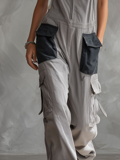 Retro Casual Color-blocked Pocket Gray Overalls Lightweight Corduroy Jumpsuit