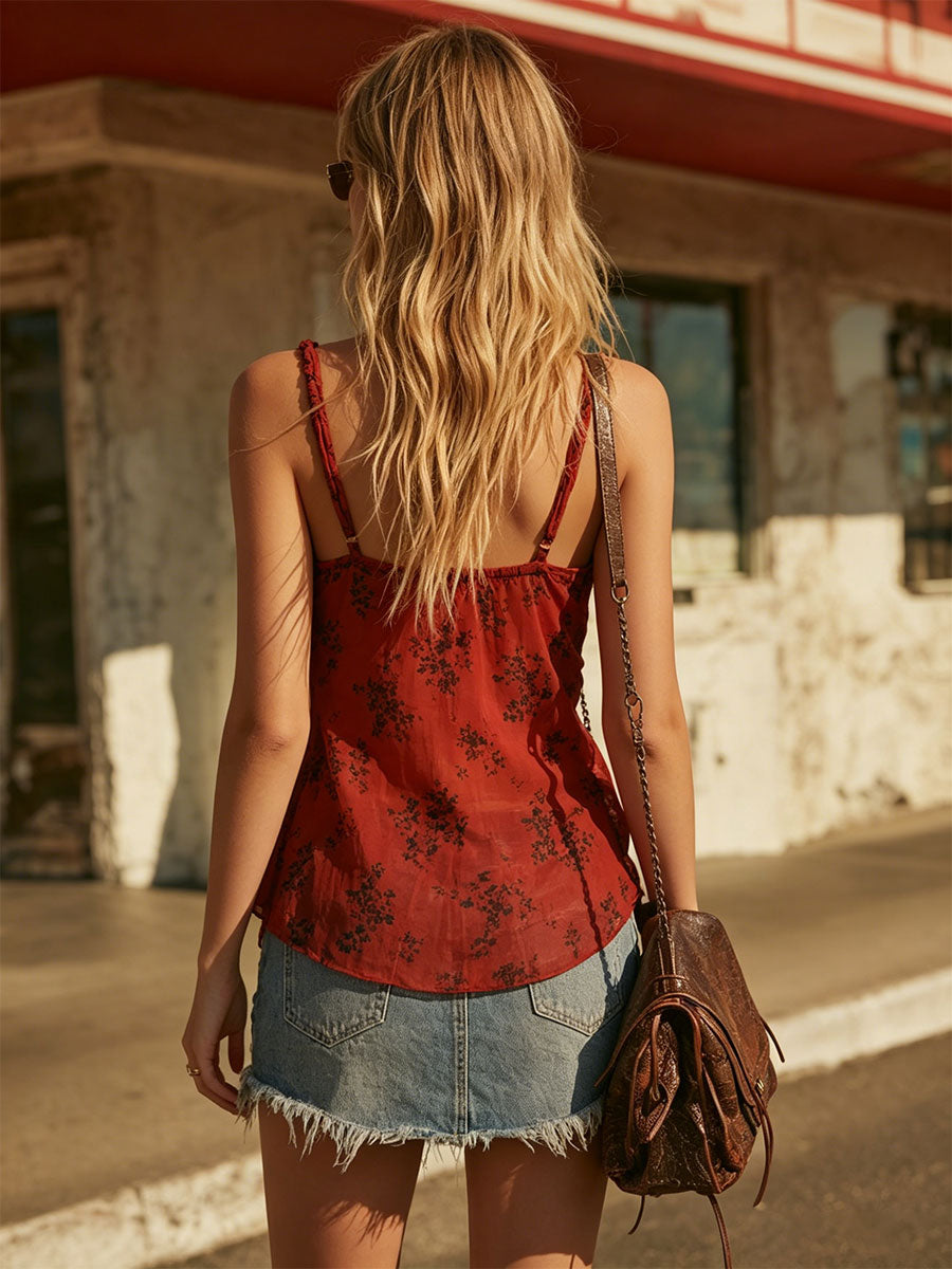 Retro Color-blocked Print Red Sleeveless Pleated V-neck Chiffon Blouse