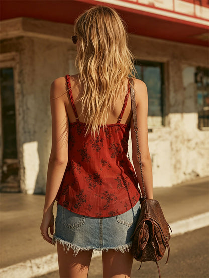 Retro Color-blocked Print Red Sleeveless Pleated V-neck Chiffon Blouse