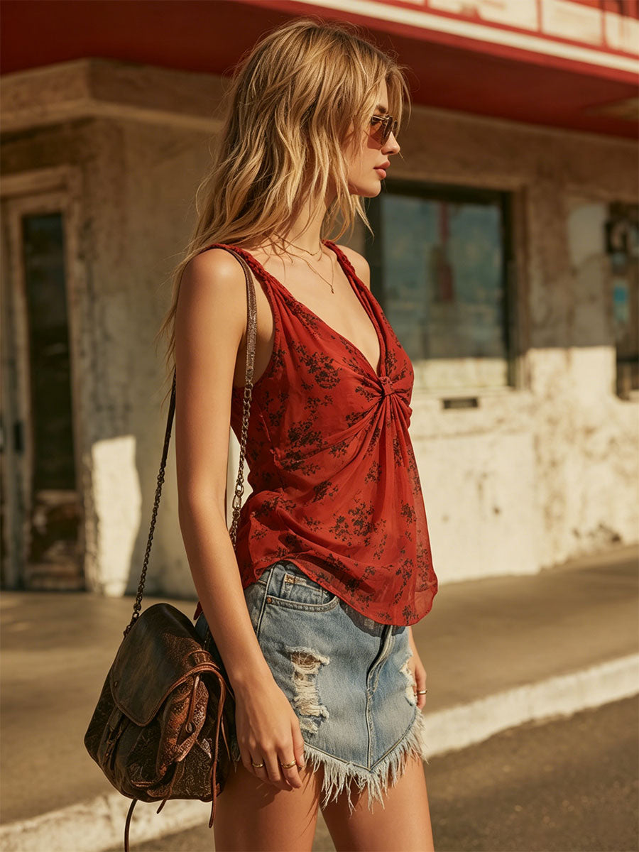 Retro Color-blocked Print Red Sleeveless Pleated V-neck Chiffon Blouse