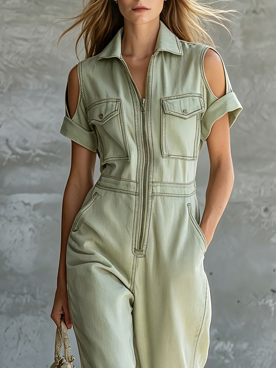 Retro Green Short-sleeved Off-shoulder Collared Denim Jumpsuit