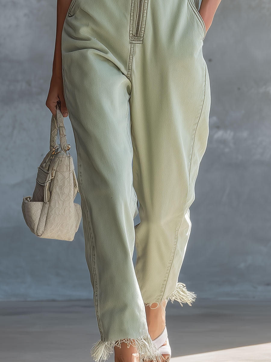 Retro Green Short-sleeved Off-shoulder Collared Denim Jumpsuit