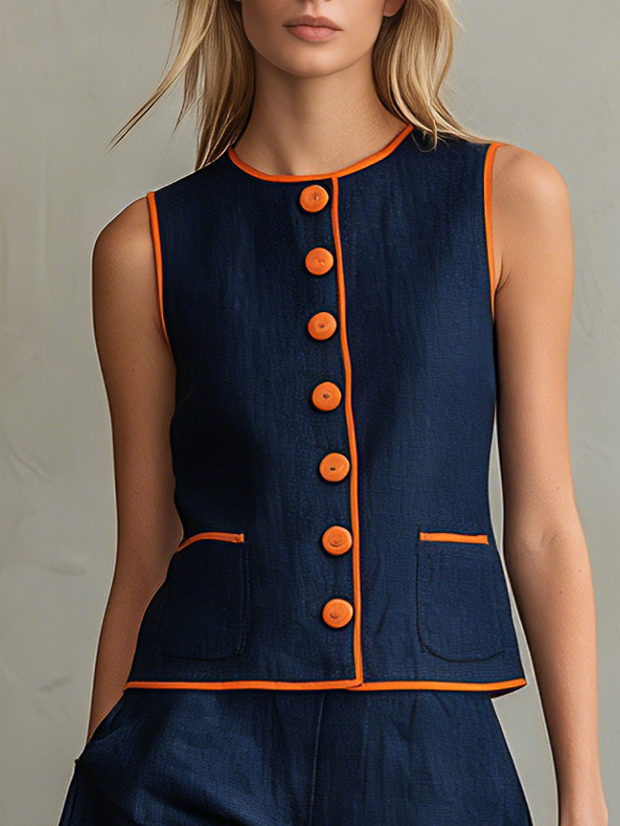 Casual Retro Color-blocked Blue Sleeveless Button-down Top And Shorts Set