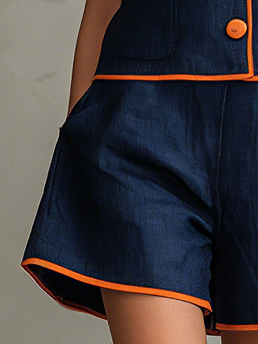 Casual Retro Color-blocked Blue Sleeveless Button-down Top And Shorts Set