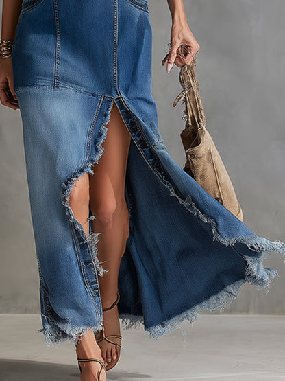 Retro-Elegant Blue V-Neck Frayed-Hem Slit Denim Maxi Dress