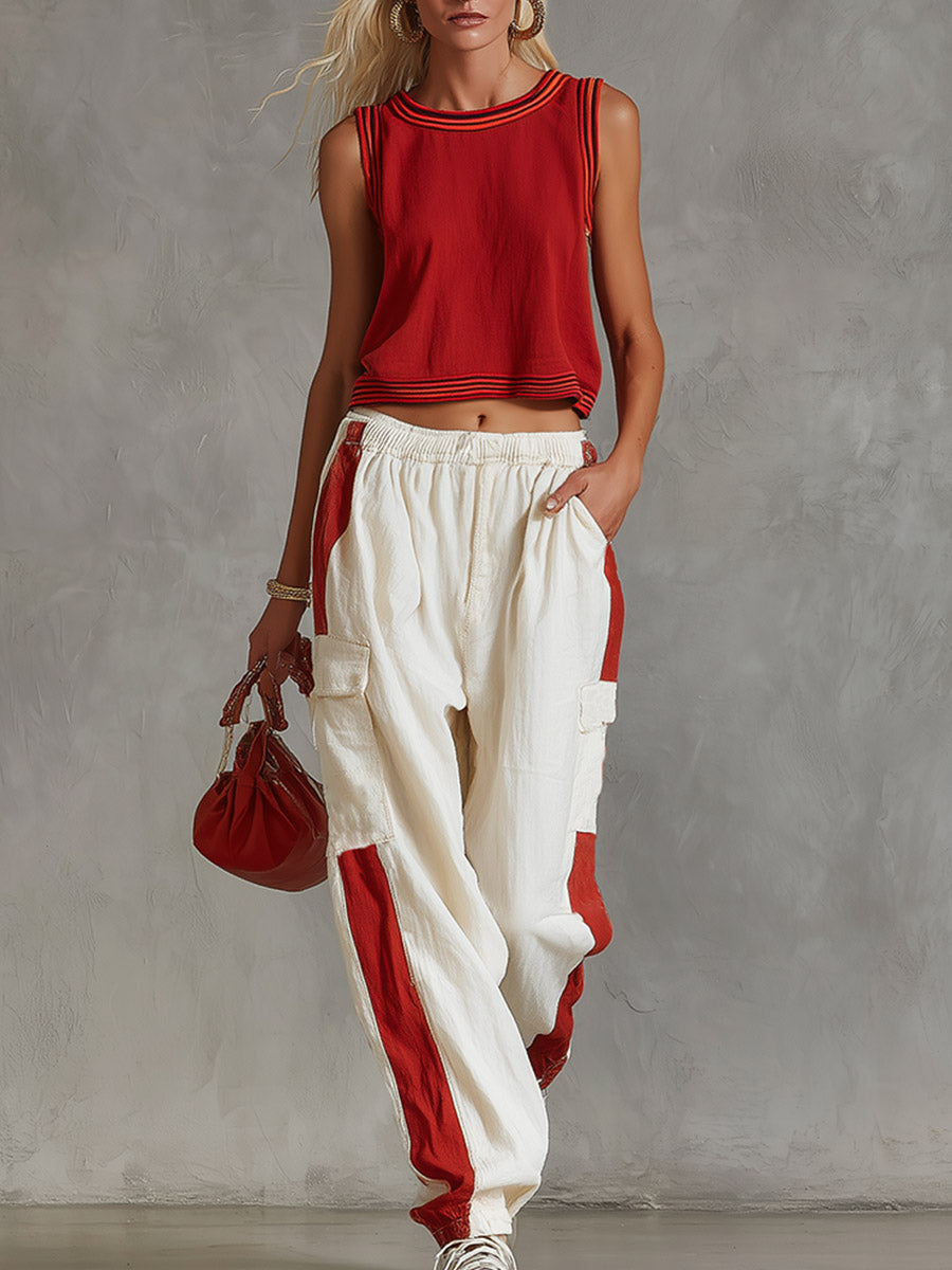 Casual &amp; Stylish Red Vest And White Cargo Pants Cotton-Linen Set