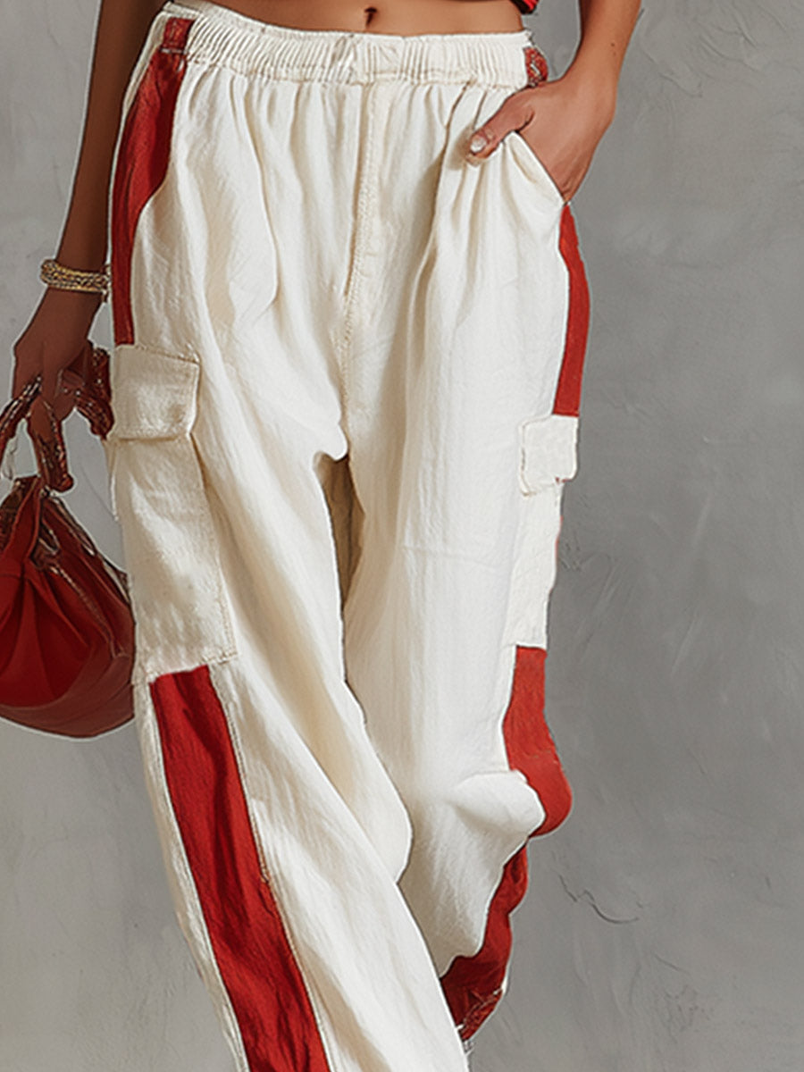 Casual &amp; Stylish Red Vest And White Cargo Pants Cotton-Linen Set