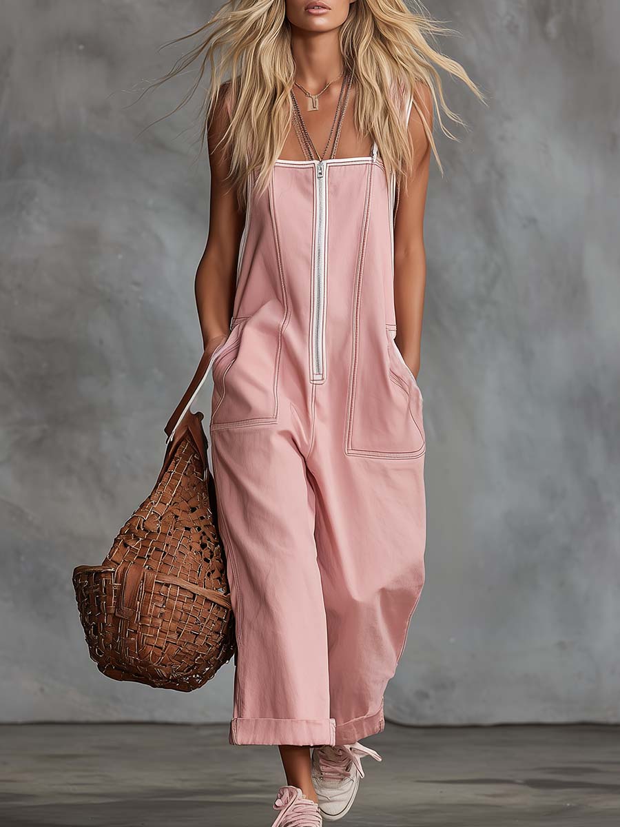 Effortless Cotton Utility Jumpsuit Square Neck Wide Leg One Piece Outfit